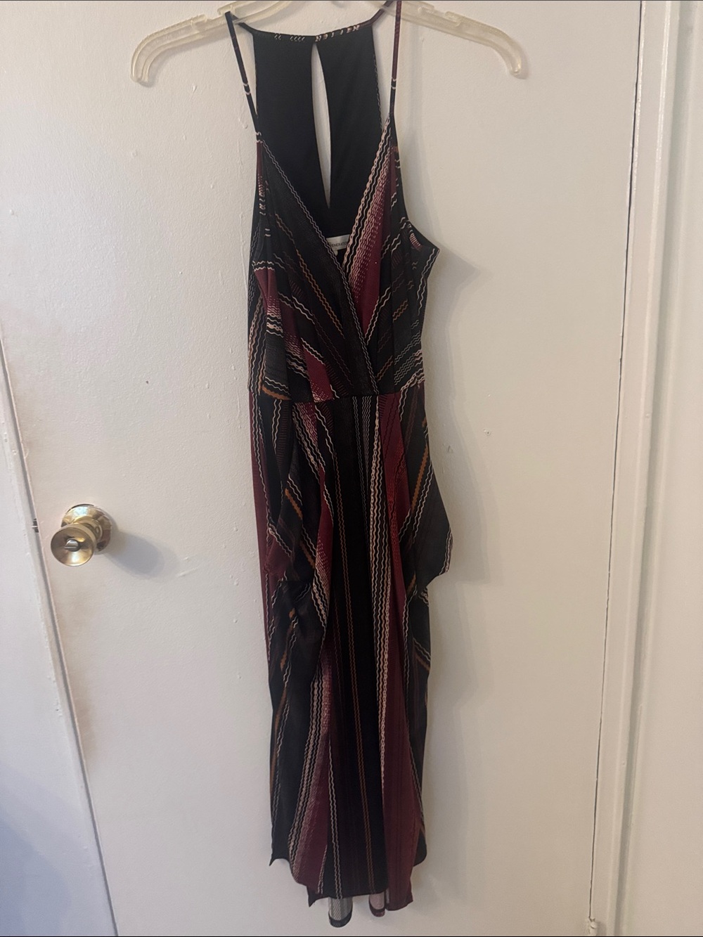 BCBGeneration Striped Wrap Maxi Dress in Black and Burgundy